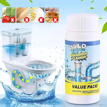 Mivoza drain cleaner powder for fast, chemical-free pipe unclogging, shown in packaging with pipe and cleaning tools.