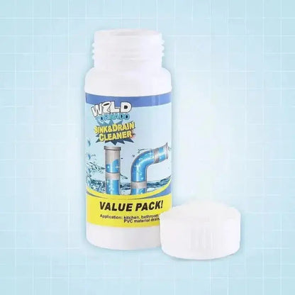 Mivoza drain cleaner powder for pipes, chemical-free pipe unclogging solution, shown in a container with a measuring scoop.