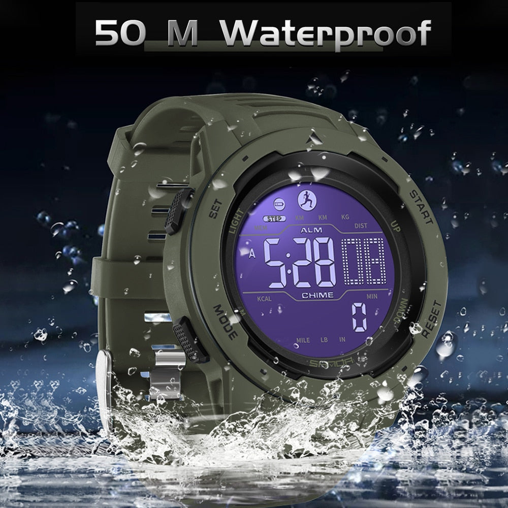 BowLift military waterproof pedometer watch showing digital display with step count and outdoor activity metrics.