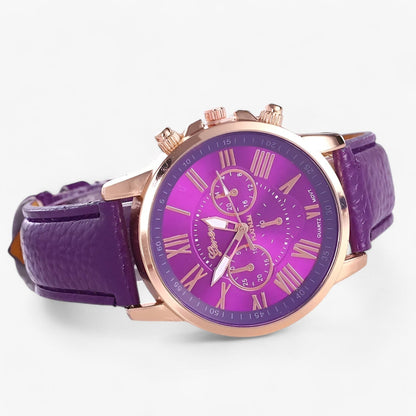 Elegant women's leather strap watch with Roman numeral dial from Mivoza, featuring a classic design and sophisticated style.