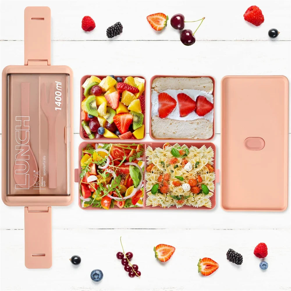 DecorsDeluxe 1400ml double-layer bento lunch box with leak-proof design, fork, and spoon for packed meals