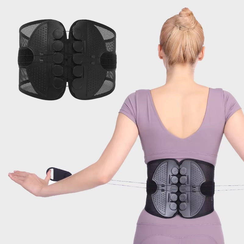 Belro lumbar support brace with adjustable suspenders designed for back pain relief and proper posture support.