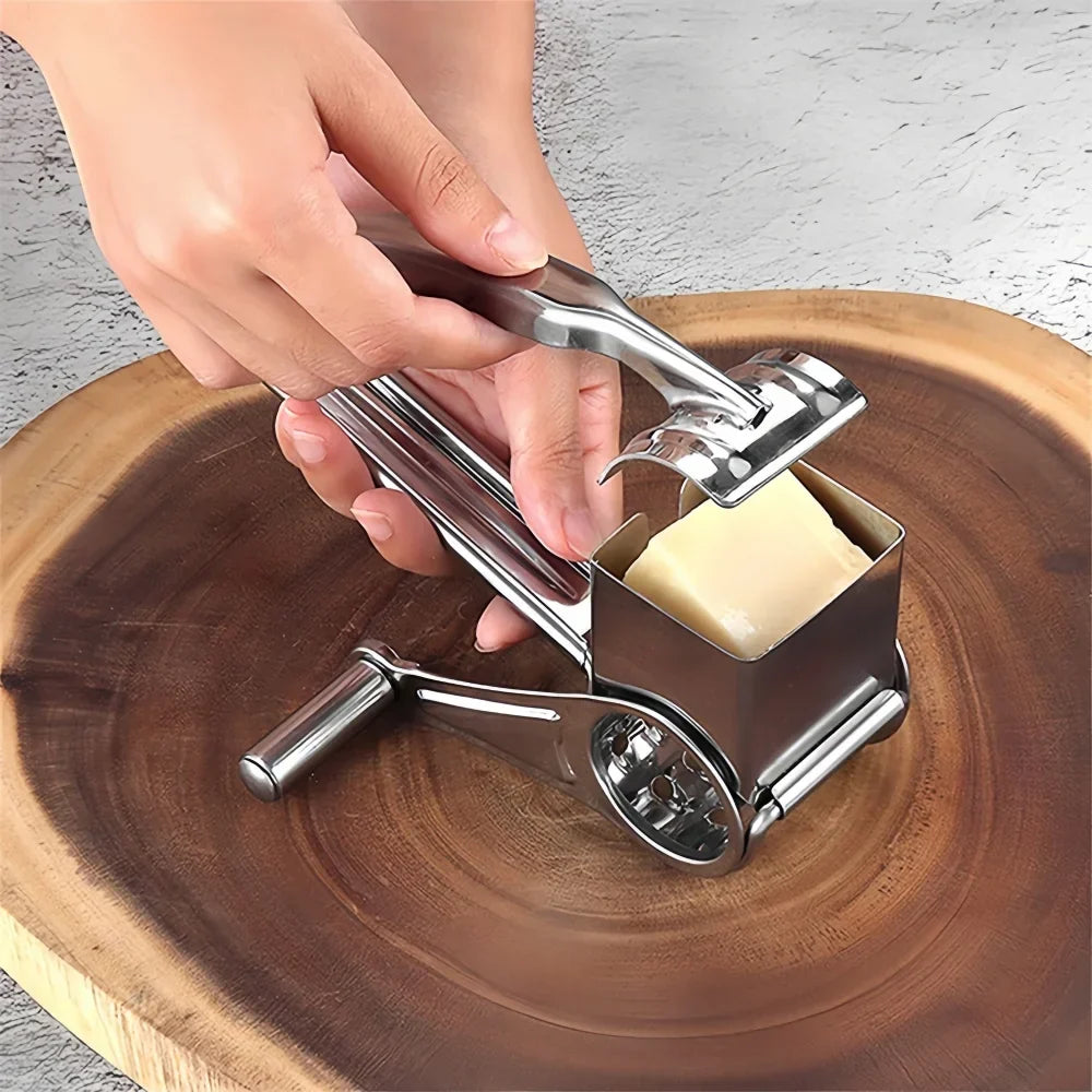Mivoza rotary cheese grater made of stainless steel with hand crank, ideal for shredding cheese and vegetables in the kitchen.