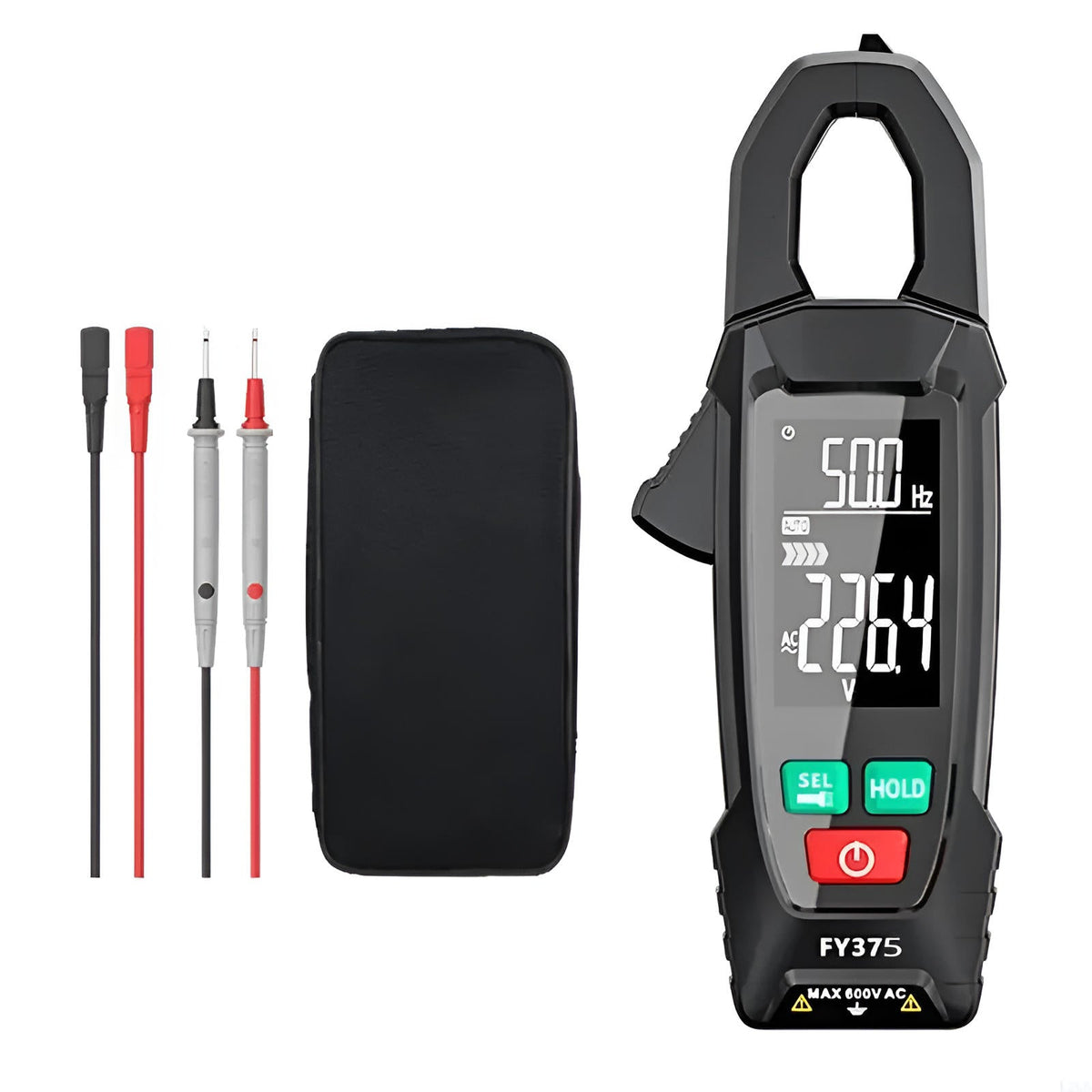 Belro AC/DC clamp electric meter showing digital display and clamp jaw for measuring electrical current and voltage.