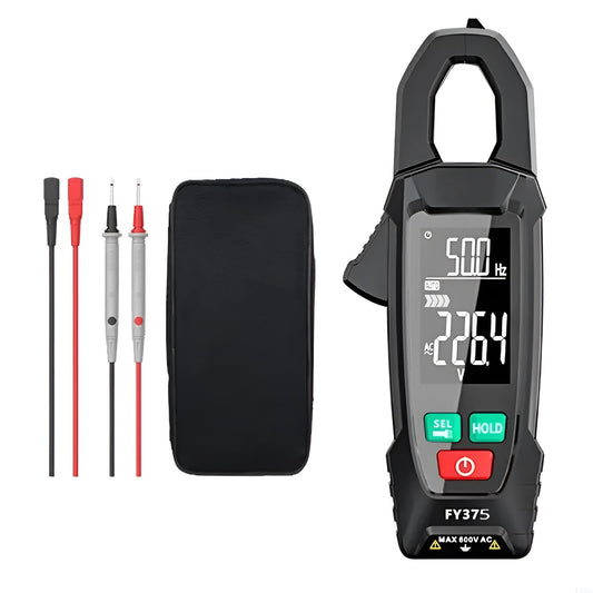 Belro AC/DC clamp electric meter showing digital display and clamp jaw for measuring electrical current and voltage.