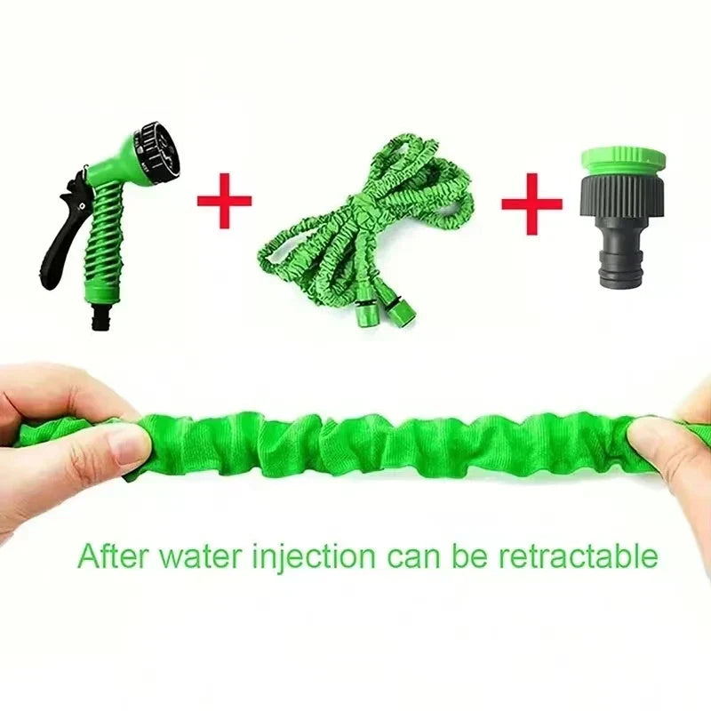 Mivoza expandable garden hose with 7-function spray gun, lightweight and flexible, shown fully extended with spray nozzle attached.