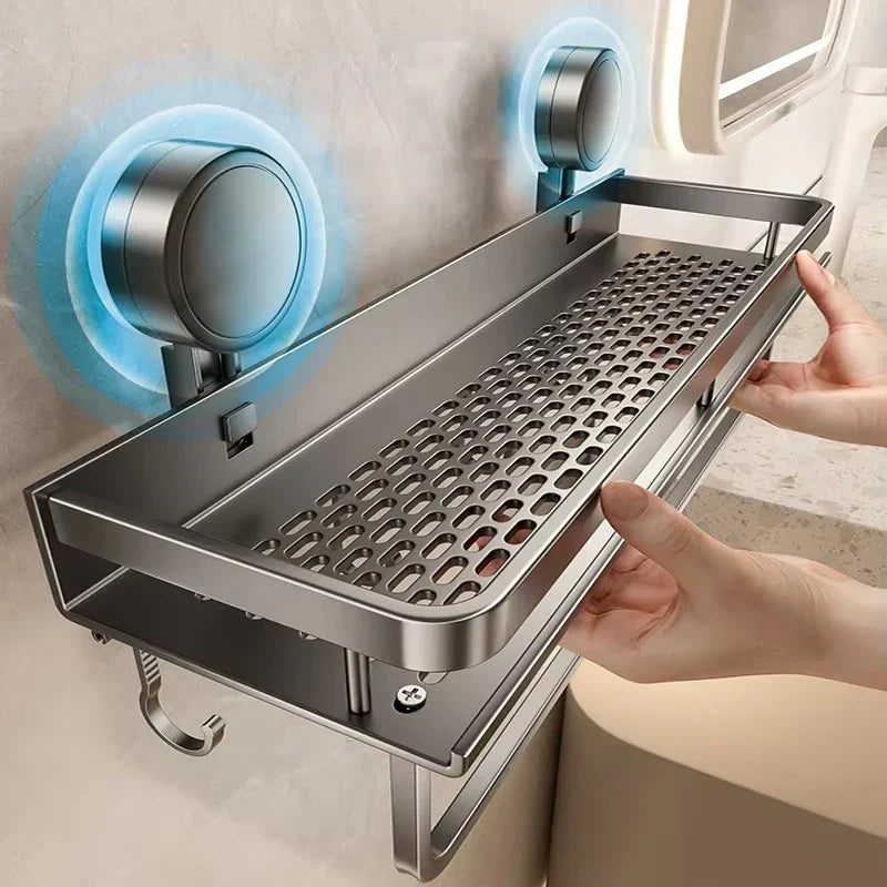 Mivoza suction cup bathroom shelf mounted on shower wall, waterproof, no drill, available in three sizes for shower storage.