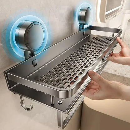 Mivoza suction cup bathroom shelf mounted on shower wall, waterproof, no drill, available in three sizes for shower storage.