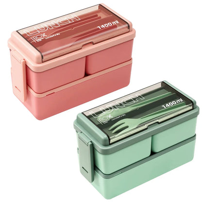 DecorsDeluxe 1400ml double layer bento lunch box with leak-proof design, fork, and spoon, showing the sleek, divided container.