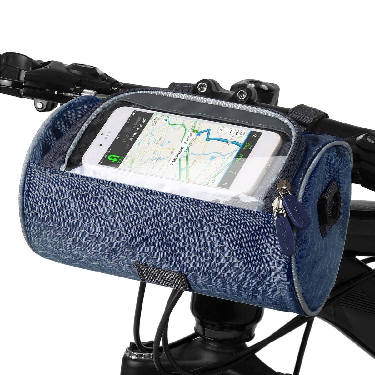 Belro bicycle bag with touchscreen pocket, black waterproof bag for cycling gear and accessories.