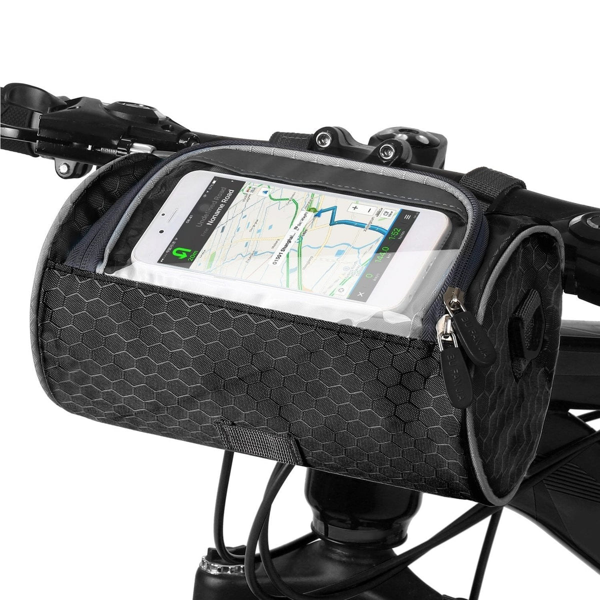 Belro bicycle bag with touchscreen pocket, waterproof storage for cycling gear and essentials, mounted on a bike.
