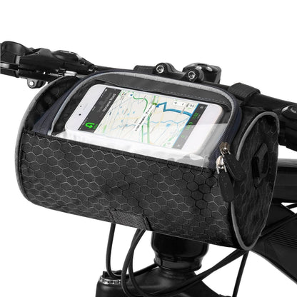 Belro bicycle bag with touchscreen pocket, waterproof storage for cycling gear and essentials, mounted on a bike.