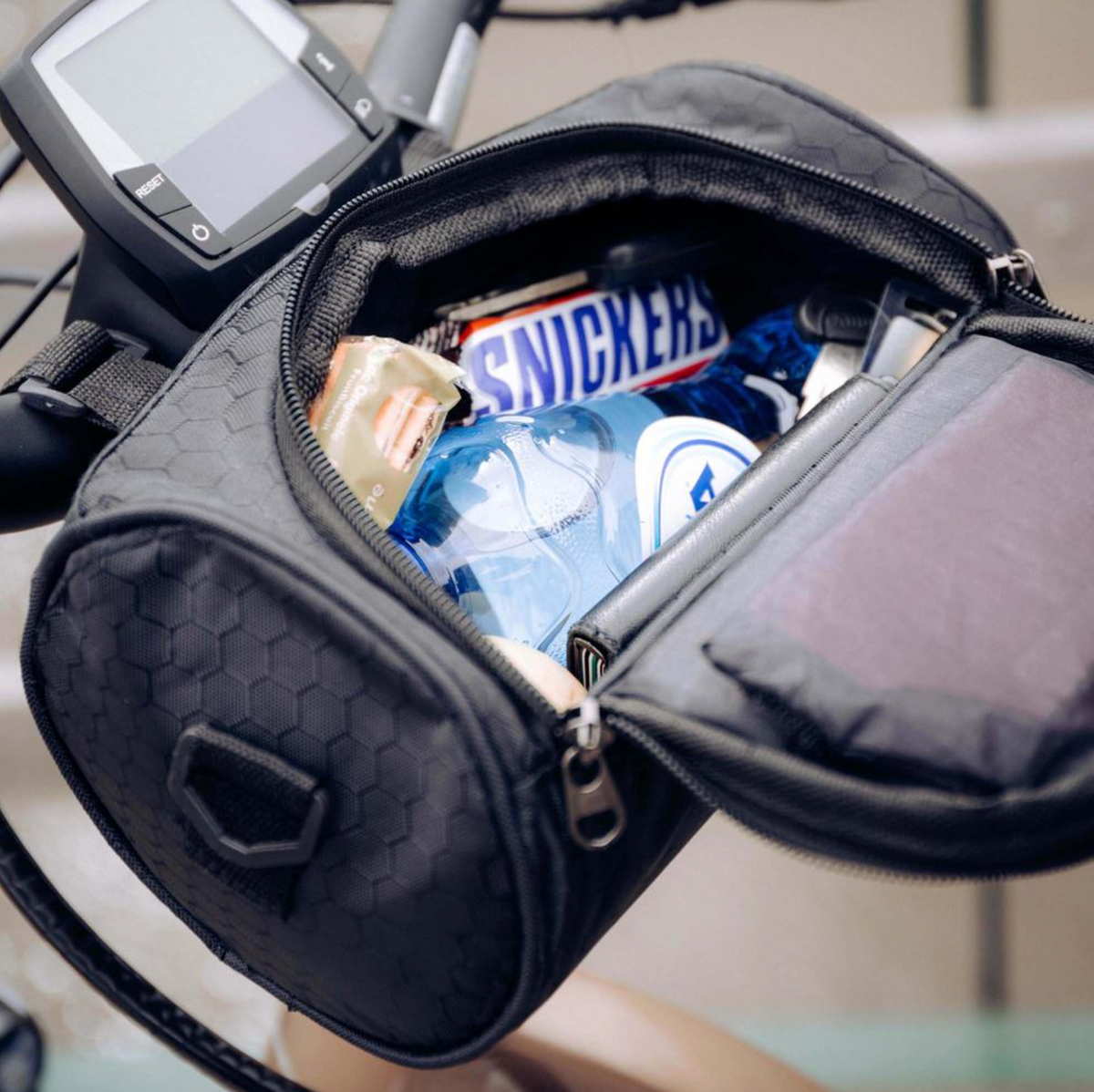 Belro bicycle bag with touchscreen pocket, waterproof design, and adjustable strap for convenient cycling storage.