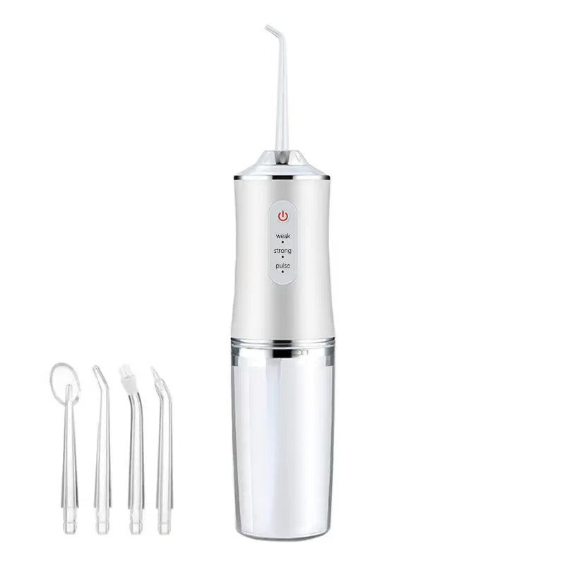Mivoza portable water flosser with four cleaning heads and three modes, waterproof IPX7 design, for effective oral hygiene.
