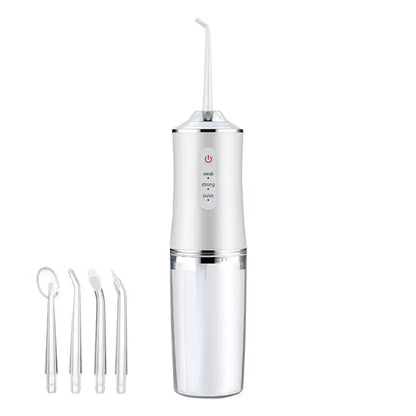 Mivoza portable water flosser with four cleaning heads and three modes, waterproof IPX7 design, for effective oral hygiene.