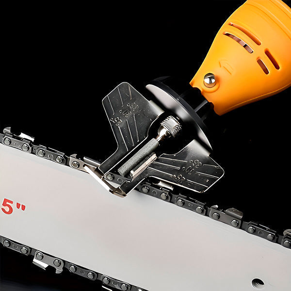 Belro chainsaw sharpener with integrated sharpening tool, compact handheld device for precise chainsaw blade sharpening.