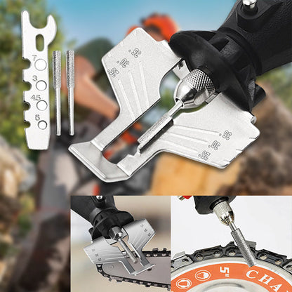 Belro chainsaw sharpener with integrated sharpening tool, compact handheld device for precise chainsaw blade sharpening.