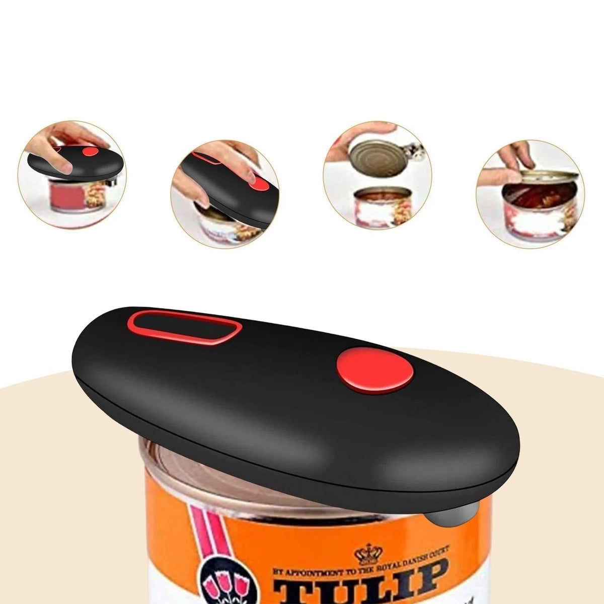 Belro automatic can opener on a kitchen countertop, showing its sleek design and ergonomic handle for easy can opening.