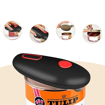 Belro automatic can opener on a kitchen countertop, showing its sleek design and ergonomic handle for easy can opening.