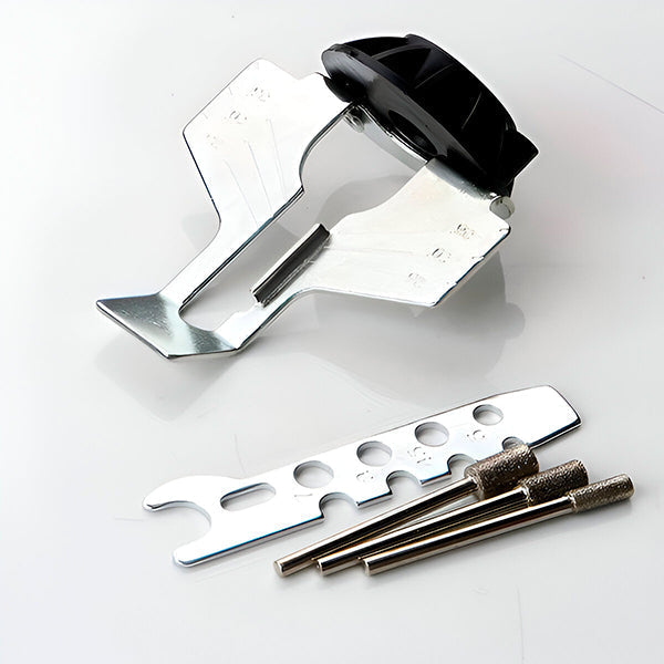 Belro chainsaw sharpener with integrated sharpening tool, compact and portable for precise chain sharpening on tools and hardware.