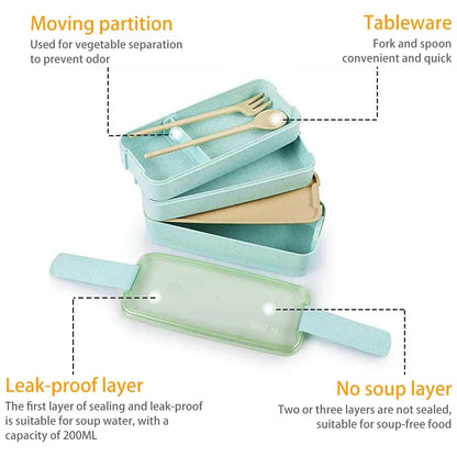 DecorsDeluxe 3-tier wheat straw bento lunch box with leak-proof design and included utensils, 900ml capacity, eco-friendly and stylish.