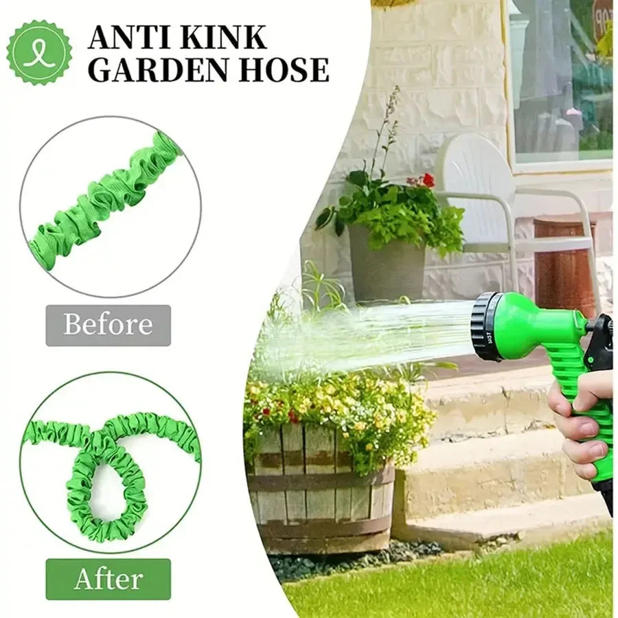 Mivoza expandable garden hose with 7-function spray gun, lightweight and flexible, expands 3 times its length for watering.