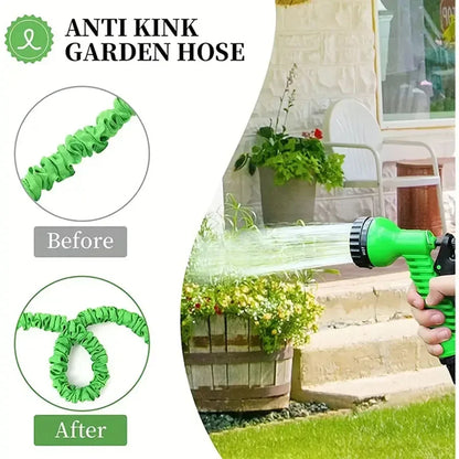 Mivoza expandable garden hose with 7-function spray gun, lightweight and flexible, expands 3 times its length for watering.