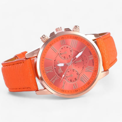 Elegant Mivoza women's watch with leather strap, Roman numeral dial, and classic design on a neutral background.