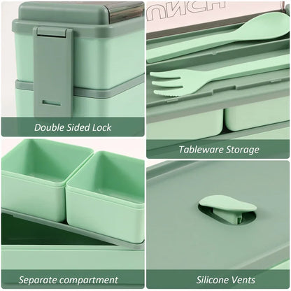 DecorDeluxe Bento lunch box with 1400ml double layer, leak-proof design, includes fork and spoon for convenient packed meals.