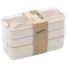 DecorsDeluxe 3-tier wheat straw bento lunch box with 900ml capacity, leak-proof design and included utensils, perfect for meal prep.