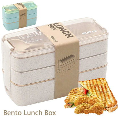 DecorsDeluxe 3-tier wheat straw bento lunch box with leak-proof design and included utensils, 900ml capacity for packed meals