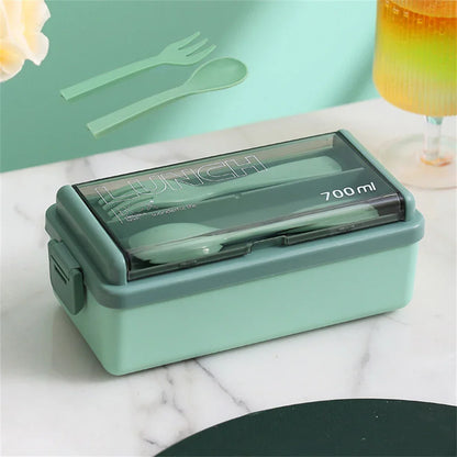 DecorsDeluxe 1400ml double layer bento lunch box with leak-proof design, includes fork and spoon for convenient meal storage