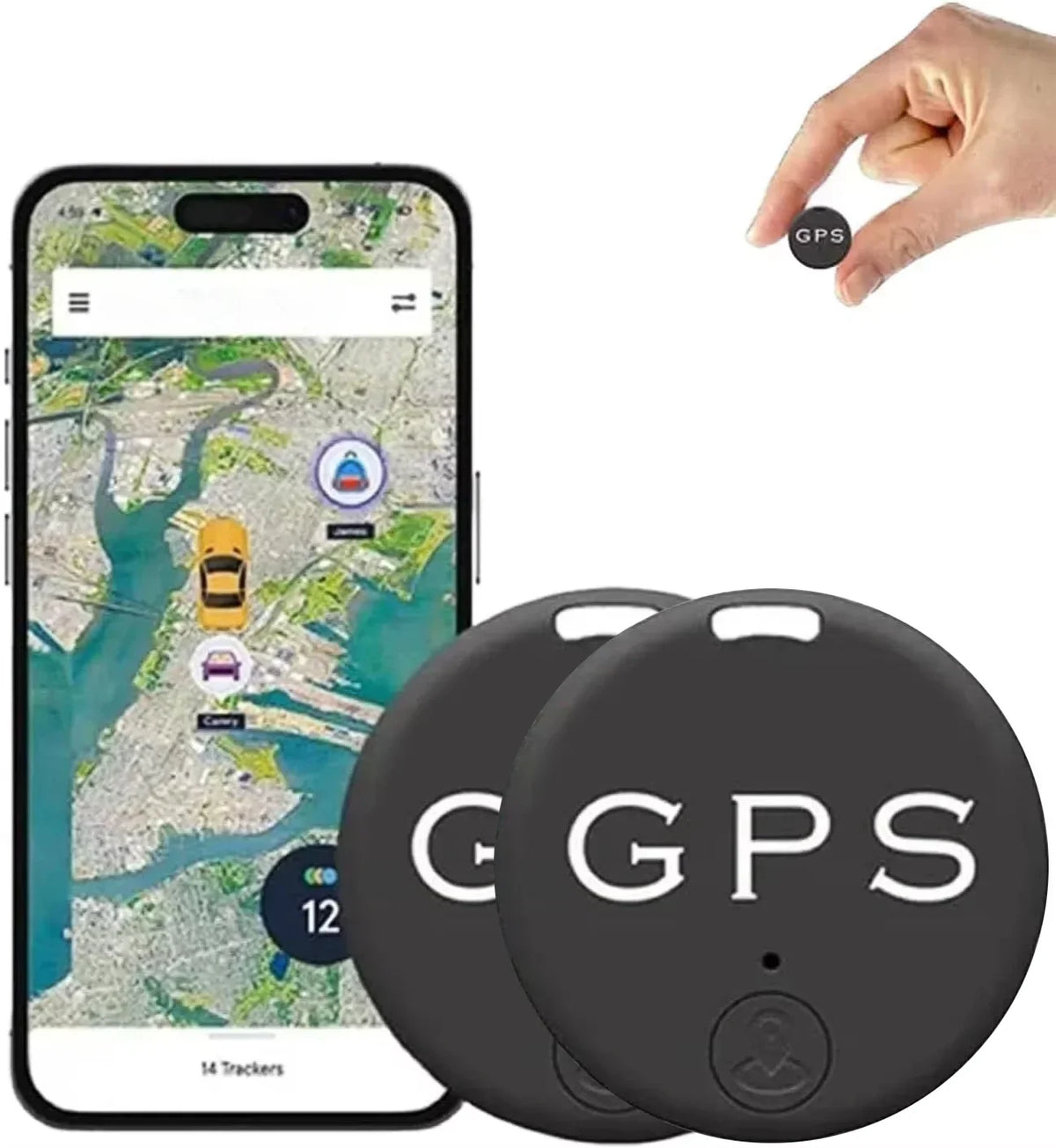 Mivoza Mini GPS Tracker 2-Pack showing compact devices with antennas and LED indicators for real-time location tracking.