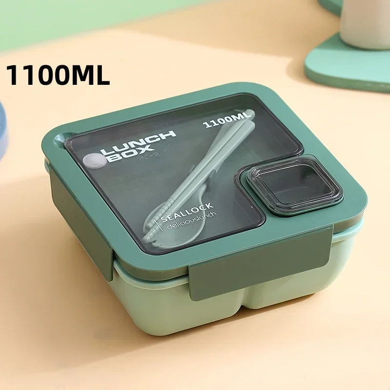 DecorsDeluxe leak-proof bento lunch box with cutlery, microwave and dishwasher safe, featuring multiple compartments for meal prep.