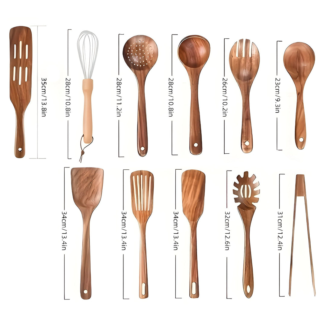 Mivoza 11-piece wooden kitchen utensil set with whisk and holder, including spatulas, spoons, and cooking tools for home kitchens.