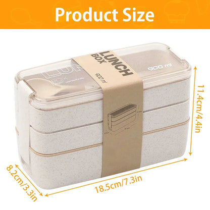 DecorsDeluxe 3-tier wheat straw Bento lunch box with 900ml capacity, leak-proof design, includes utensils for convenient meal packing.