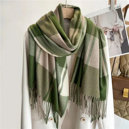 BowLift luxury cashmere scarf in soft, warm beige, draped elegantly, showcasing its unisex winter style and plush texture.