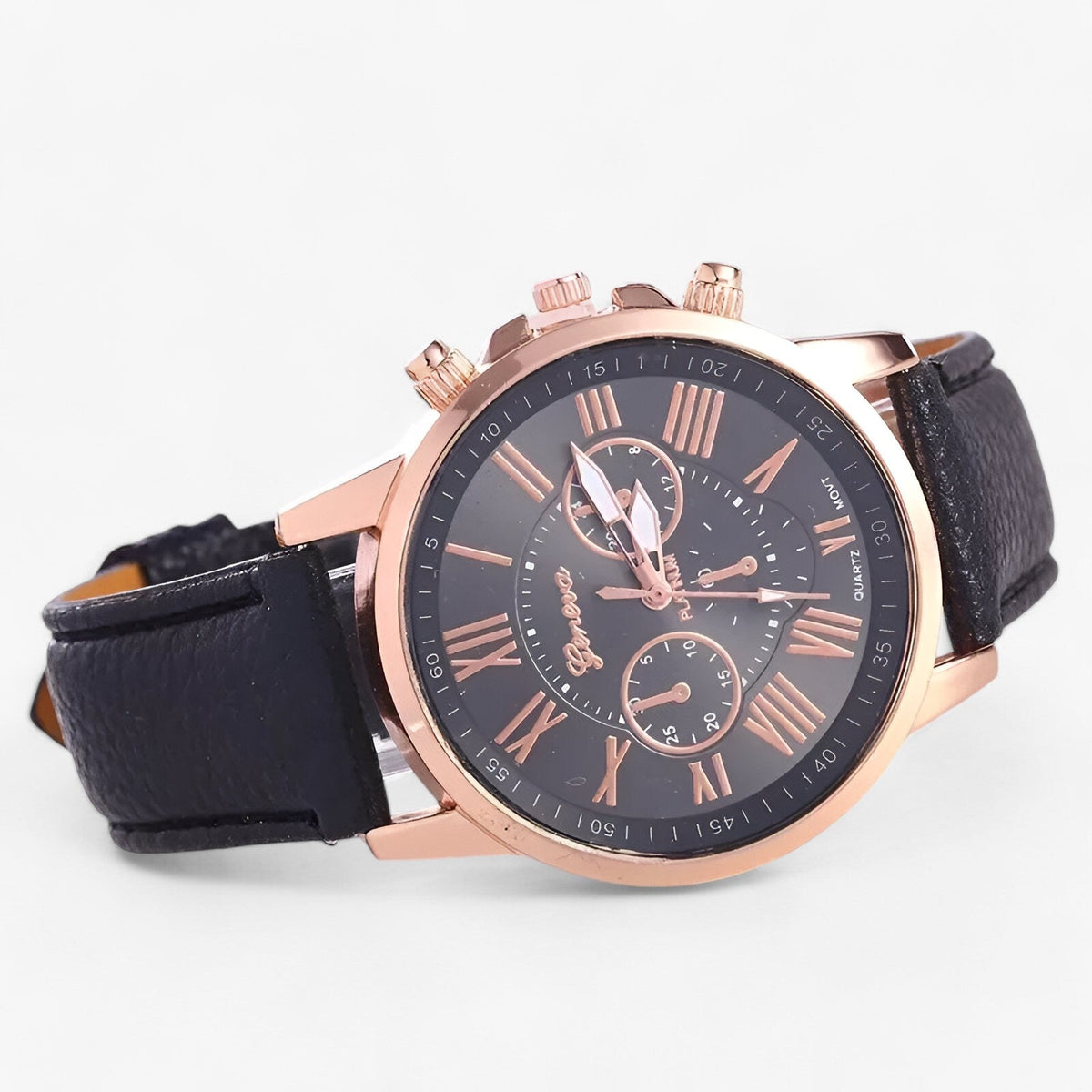 Elegant women's leather strap watch with Roman numeral dial and classic design, featuring a sleek silver case and sophisticated style.