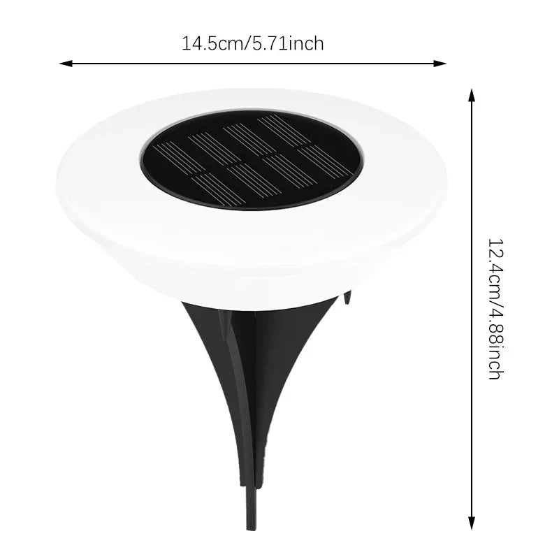 Mivoza solar ground lights 4-pack with 14 LEDs each, 360° illumination, installed in a garden for outdoor lighting.