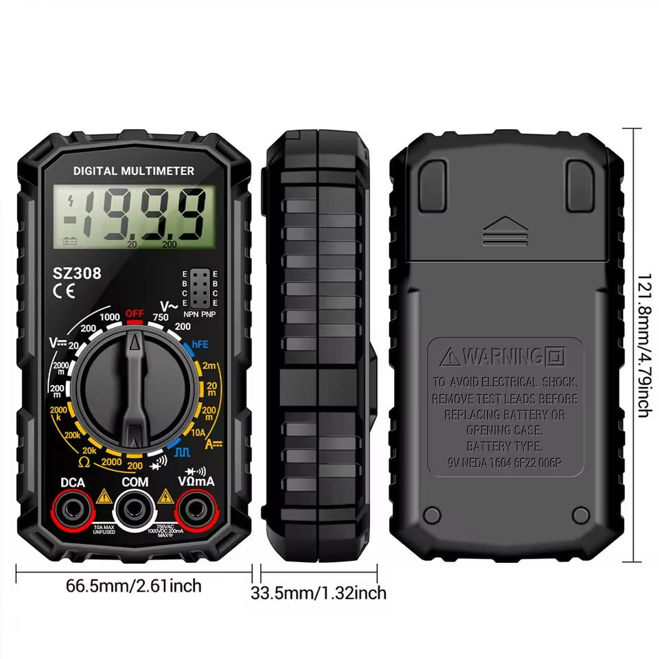 Belro electrical test kit with digital multimeter, showing probes and display screen for electronics testing and voltage measurement.