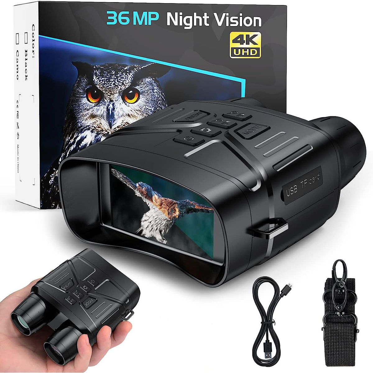Belro True Night Vision Binoculars showing dual eyepieces and infrared lens for enhanced low-light viewing.