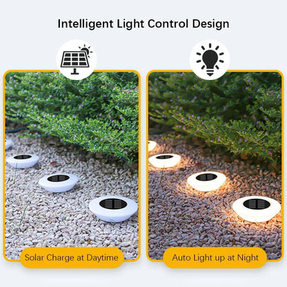 Mivoza solar ground light 4-pack with 14 LEDs and 360° illumination, installed on garden ground for outdoor pathway lighting.