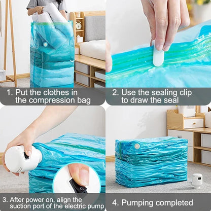 Belro durable electric vacuum compression bag for bags and luggage, showing its compact, compressed storage state with a hand pump.