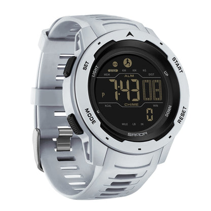 BowLift military waterproof pedometer watch displaying digital steps, distance, and outdoor activity features.