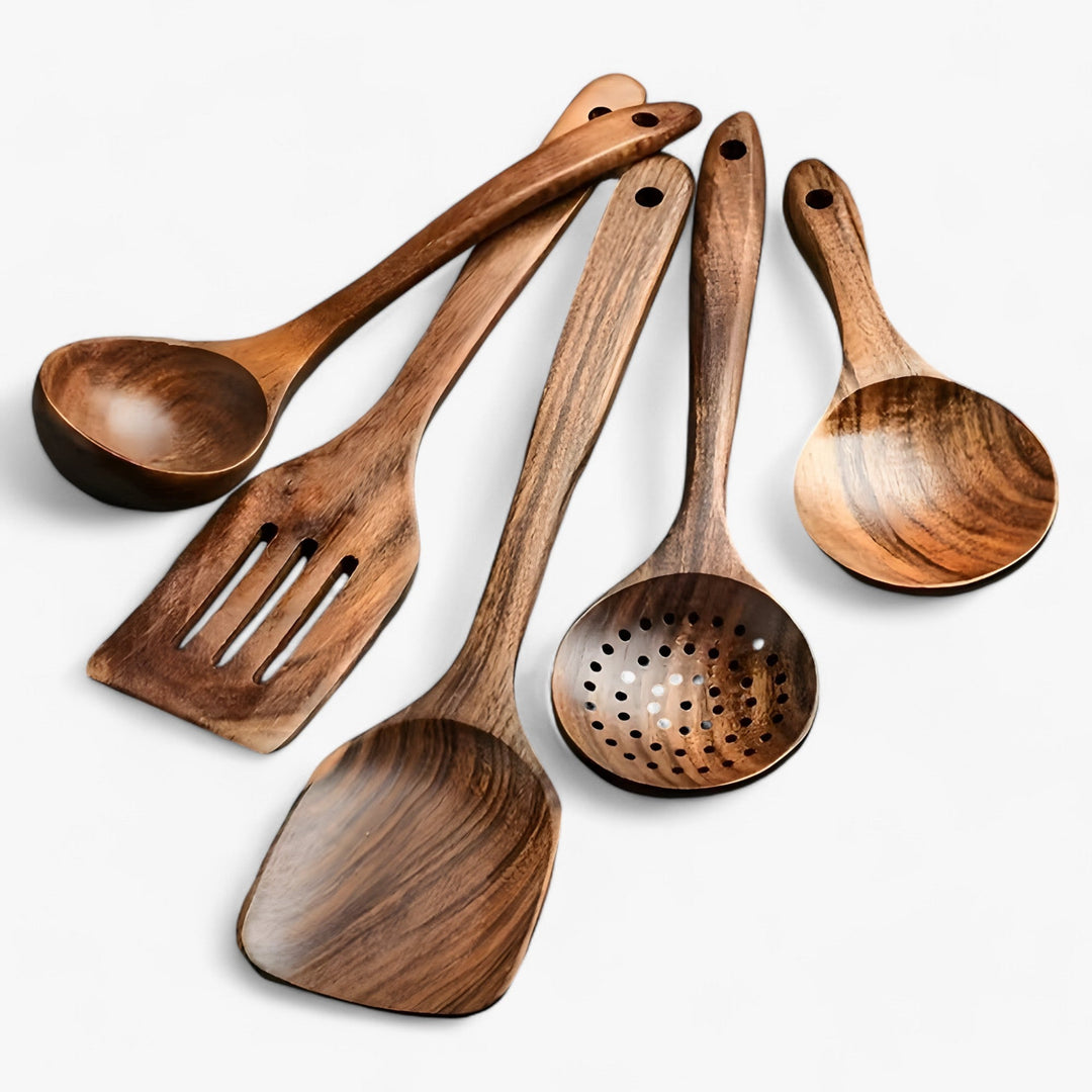 Mivoza 11-piece wooden kitchen utensil set with whisk and holder, including spatulas, spoons, and a storage stand for cooking.