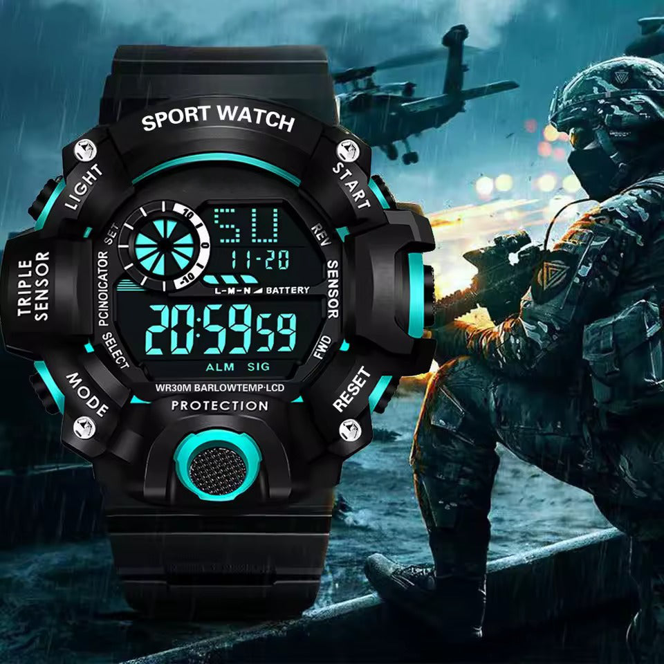 Belro men's digital sports watch displaying time, date, and fitness stats on a black digital screen with a rubber strap.