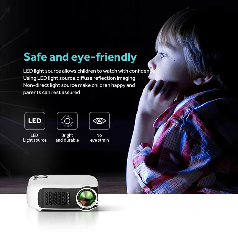 Belro HD Mini Pocket Portable Projector displaying a bright image on a wall, compact electronic device for on-the-go viewing.