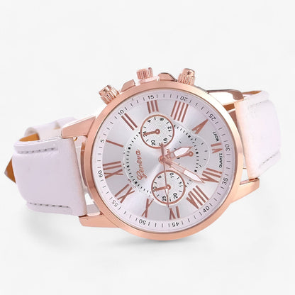 Elegant women's leather strap watch with Roman numeral dial, classic design by Mivoza, showcasing a stylish timepiece.