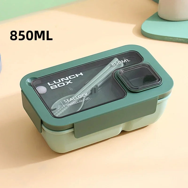 DecorsDeluxe leak-proof bento lunch box with cutlery, microwave and dishwasher safe, featuring multiple compartments for meal storage.