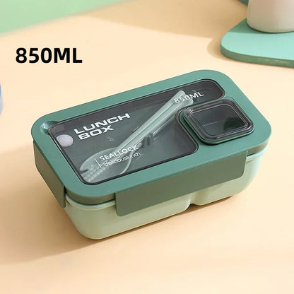 DecorsDeluxe leak-proof bento lunch box with cutlery, microwave and dishwasher safe, featuring multiple compartments for meal storage.